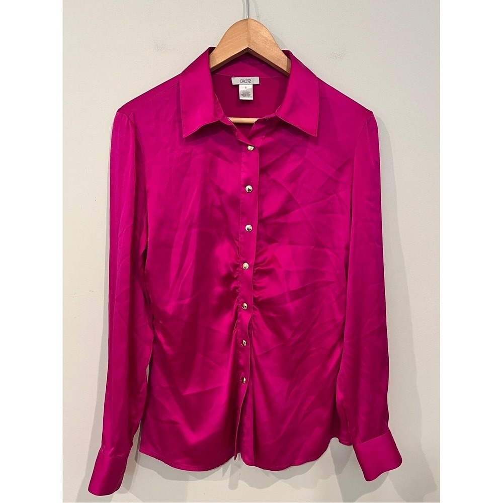 Cache Silk Blend Button Down Blouse Magenta Pink Medium Gold Buttons Ruched